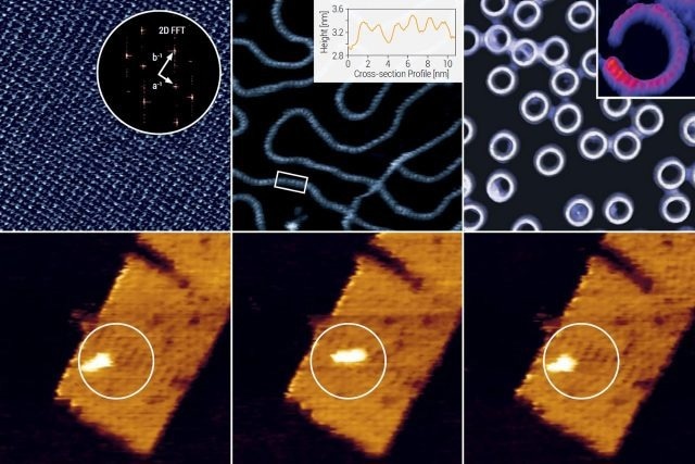 Atomic resolution of a calcite crystal plane recorded with TappingMode AFM in water at 60 Hz line rate. 2D FFT analysis (inset) gives rectangular lattice subunit dimensions of