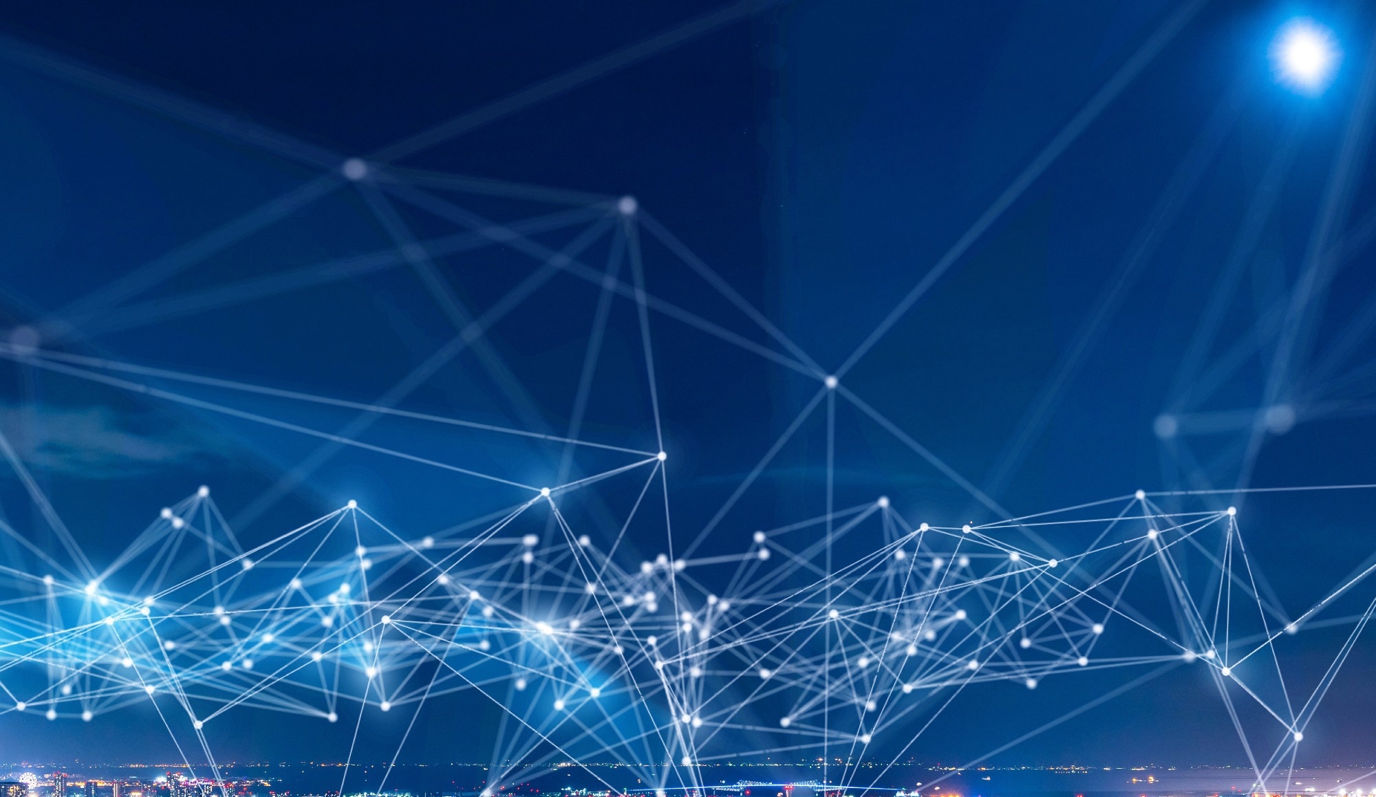 Visualization of sensor data transferring into an internet cloud from a city scape.