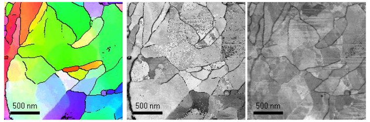 Orientation mapping results from diffraction patterns acquired with QUADRO.