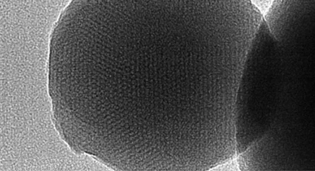 Mesoporous silica powder, accelerating voltage 120 kV, magnification x200,000.