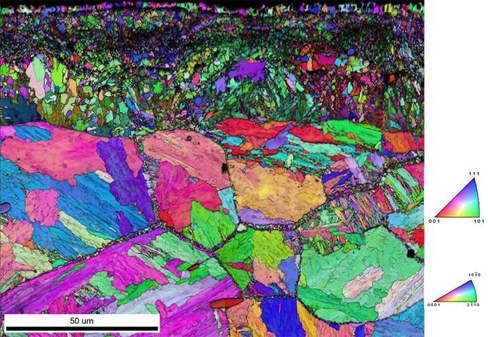 EBSD Image Quality and IPF Orientation map of a nitrided surface of a steel sample where combined EDS–EBSD information was used to differentiate similar crystallographic phases.