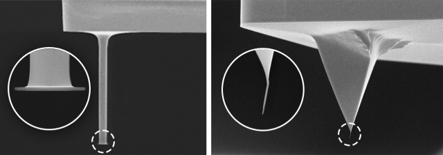 (left) CDR1000-10UM probe for sidewall imaging. (right) BNT-500-12 probe with a >500 nm long EBD spike, suitable for a multitude of applications.