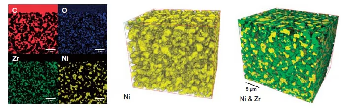 Sample: Fuel cell electrode; SEM accelerating voltage: 5 kV; Cutting interval: 100 nm; Number of cut: 212; Sample courtesy of Prof. Naoki Shikazono, University of Tokyo.