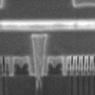 Real-time SEM monitoring during FIB milling; Sample: NAND flash memory; Accelerating voltage: 1 kV; FOV: 0.6 µm.